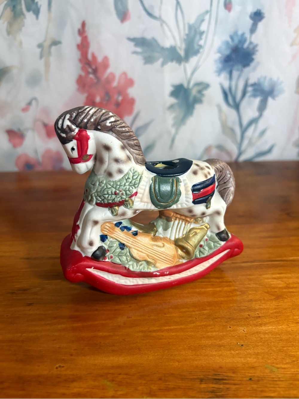 Vintage Decorative Rocking Horse Figurine - White and Red Holiday Accent